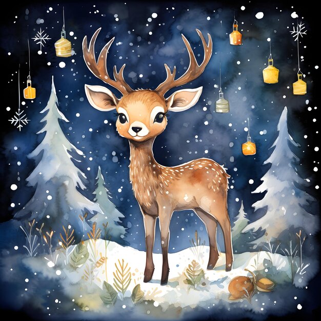 Foto ilustración navideña de ciervos en un bosque oscuro de invierno