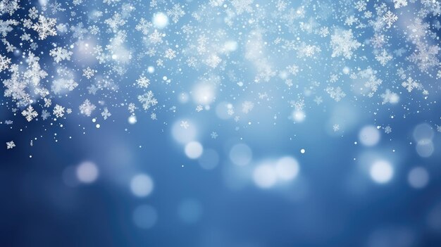 Ilustración navideña fondo de invierno con copos de nieve y luces bokeh con espacio en blanco IA generativa