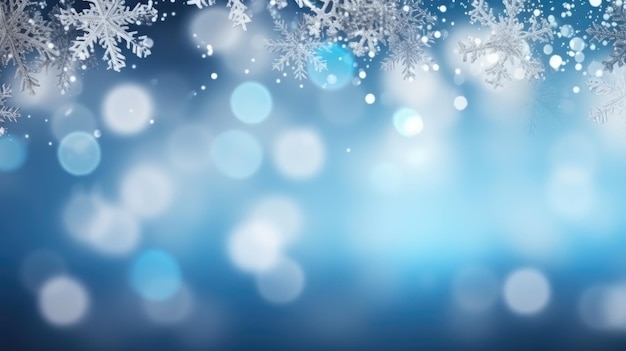 Ilustración navideña fondo de invierno con copos de nieve y luces bokeh con espacio en blanco IA generativa
