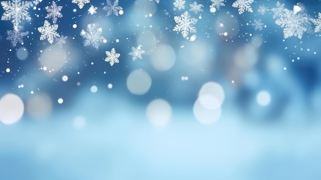 Ilustración navideña fondo de invierno con copos de nieve y luces bokeh con espacio en blanco IA generativa