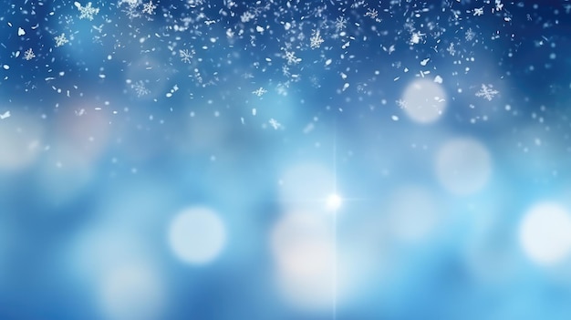 Ilustración navideña fondo de invierno con copos de nieve y luces bokeh con espacio en blanco IA generativa