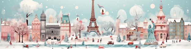 Ilustración navideña de París con los monumentos más conocidos Telón de fondo de Navidad IA generativa