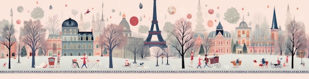 Ilustración navideña de París con los monumentos más conocidos Telón de fondo de Navidad IA generativa