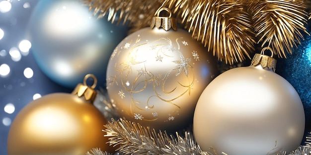 Ilustración navideña con ramas de árboles de Navidad bolas blancas y doradas y otras decoraciones IA generativa