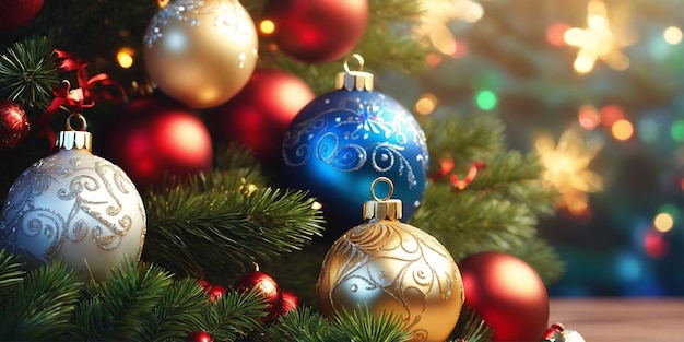 Ilustración navideña con ramas de árboles de Navidad bolas de colores y otras decoraciones IA generativa