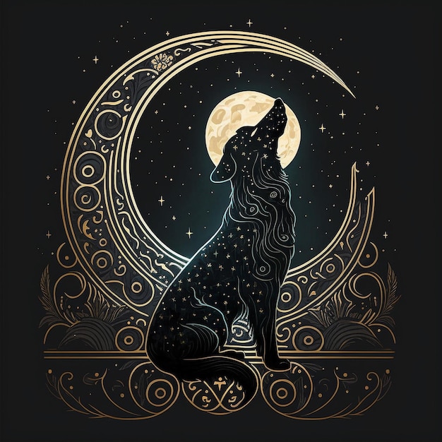 Una ilustración negra y dorada de un lobo aullando con una luna en el fondo.