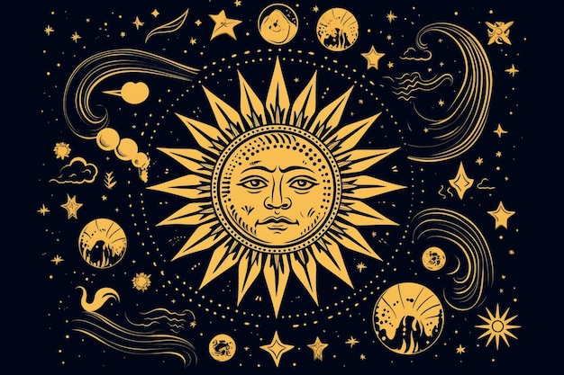 Una ilustración negra y dorada de un sol con una cara y las palabras "el sol".