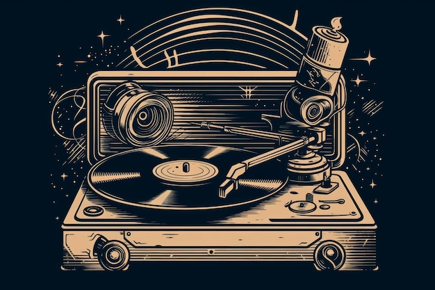 Una ilustración en negro y dorado de un tocadiscos con las palabras "música" en él.