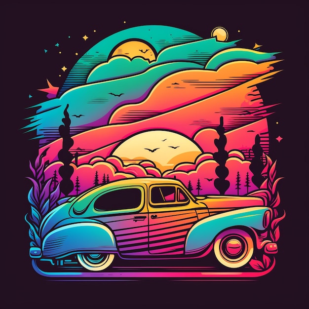 Ilustración de neón de un coche en un paisaje.