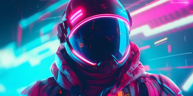 Ilustración de neón de retroondas de un hombre que lleva una figura de traje espacial que accede a la terminal virtual Explorador de interfaz de datos alienígenas astronauta Ai generativo