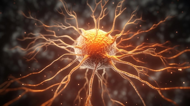 Una ilustración de una neurona con luces naranjas y un tallo.