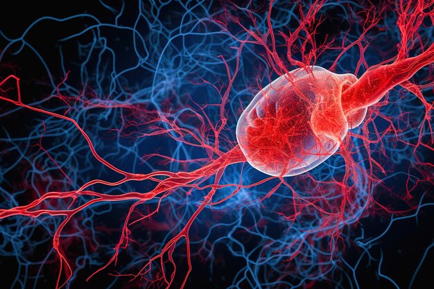 Ilustración de neuronas vasos sanguíneos tumor en colores rojo y azul