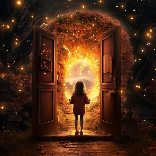 ilustración de una niña abre la puerta hecha por libro el libro es luminoso