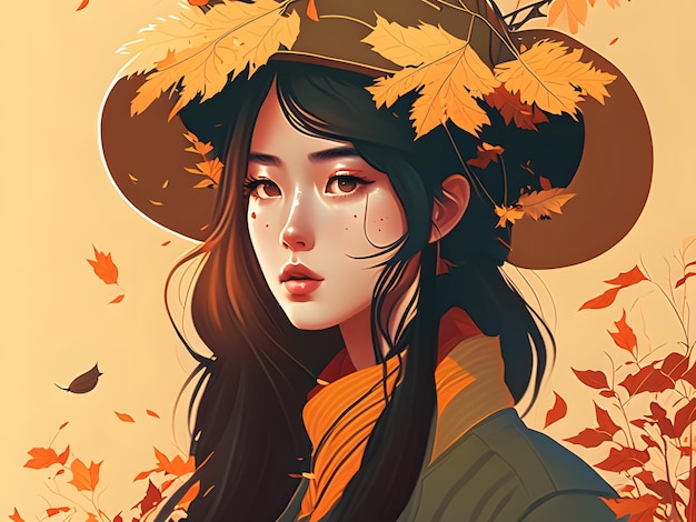 Ilustración de niña asiática de otoño