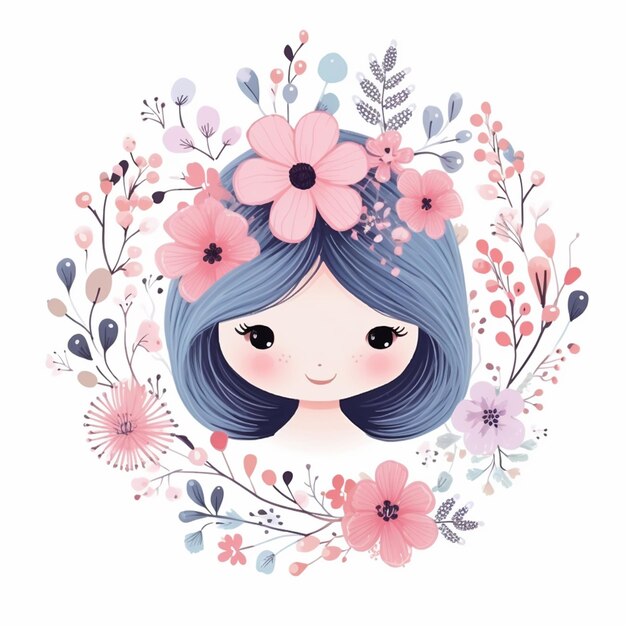 Foto ilustración de una niña con cabello azul y flores en una corona generativa ai