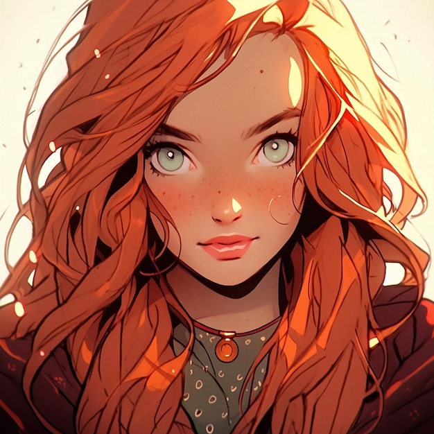 Foto ilustración de niña con cabello rojo y ojos verdes retrato de personaje de fantasía