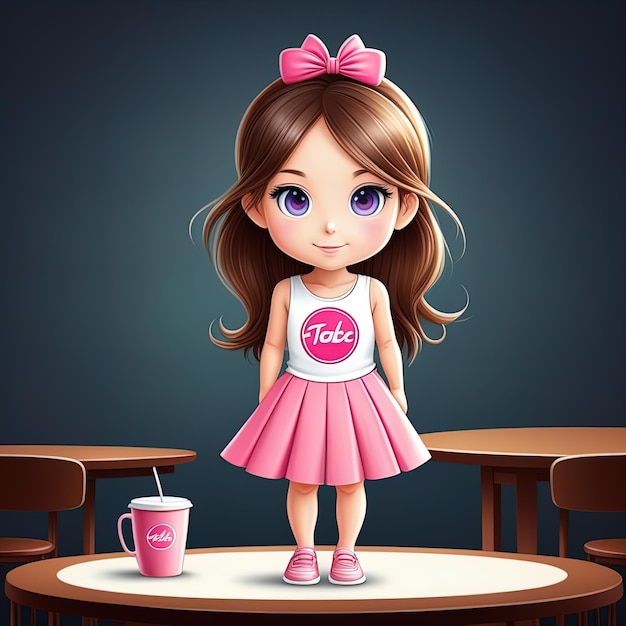 ilustración de niña en una cafetería linda niña con ilustración de taza de café