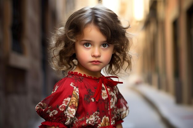 Ilustración de una niña española vestida de español y niños modernos