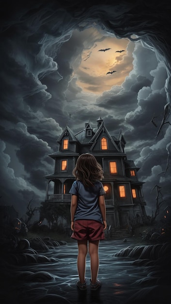 Ilustración de una niña explorando la aterradora casa embrujada de Halloween con tormentosas nubes oscuras