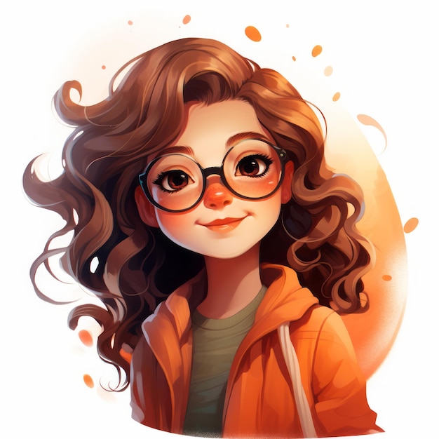una ilustración de una niña con gafas y una chaqueta naranja