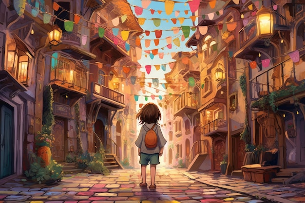 Ilustración de una niña graciosa paseando por el paisaje urbano