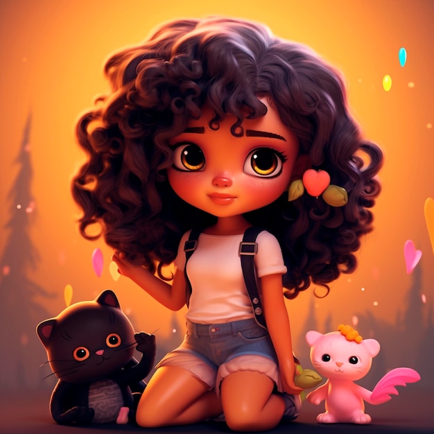 Ilustración de niña kawaii de niña 3d