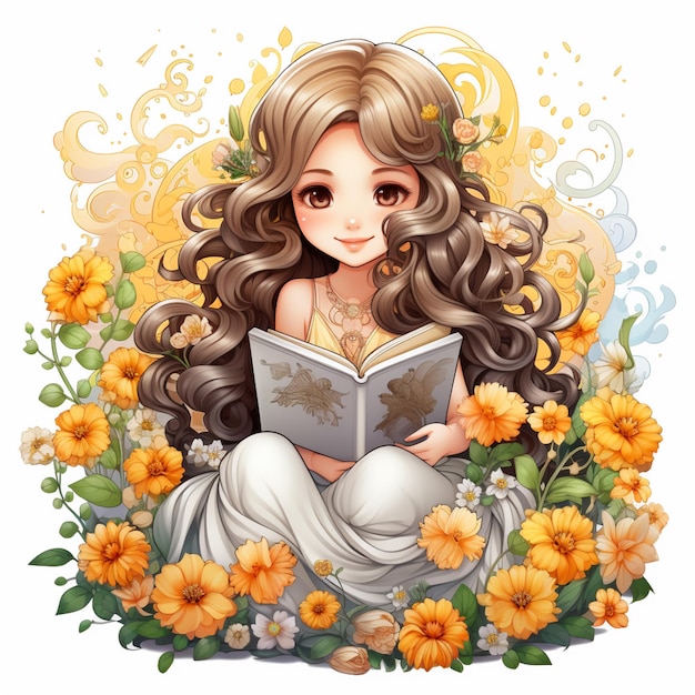 ilustración de una niña leyendo un libro rodeada de flores ai generativo