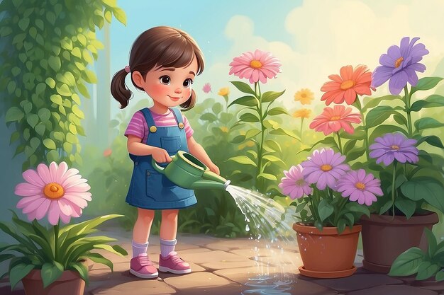 Foto ilustración de una niña linda regando una flor