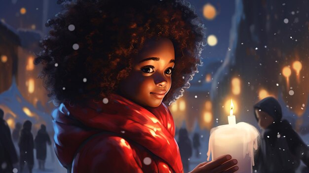 Ilustración de una niña con linterna en medio de las festividades de la ciudad nevada Feliz Navidad