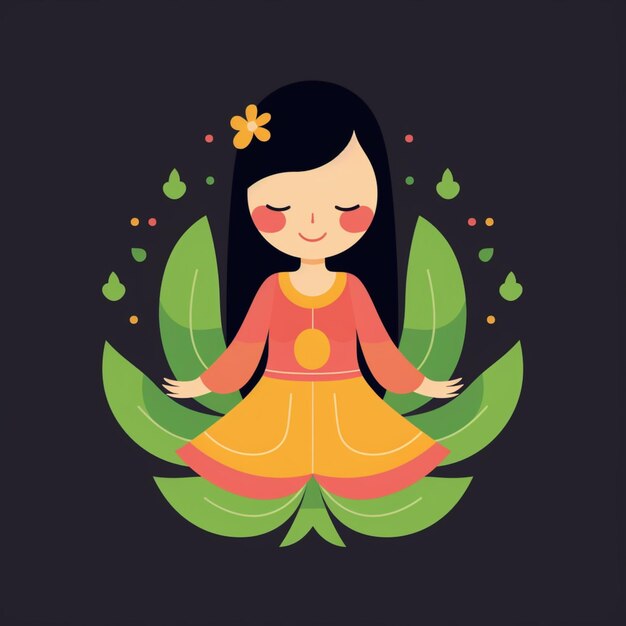 Ilustración de una niña meditando en una posición de loto rodeada de hojas generativas ai