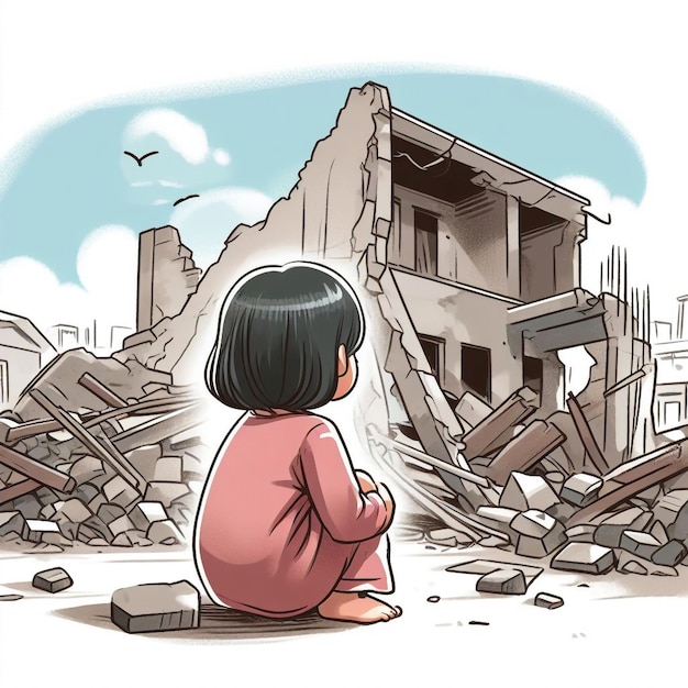 Ilustración de una niña mirando su casa destruida