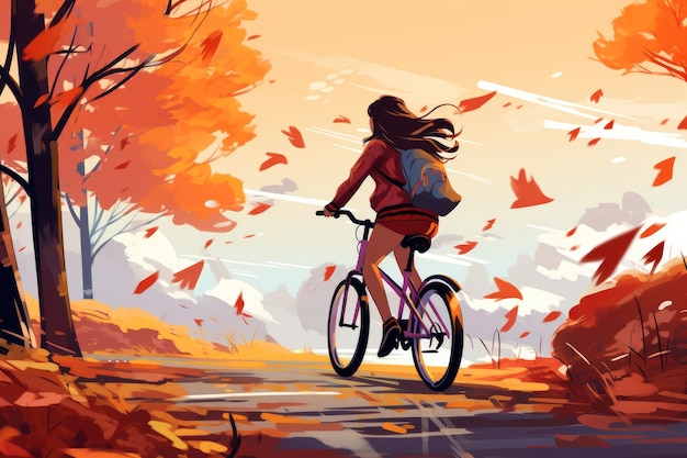 Ilustración de una niña montando en bicicleta en el parque de otoño en las montañas