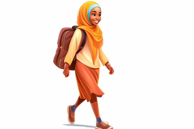 Ilustración de una niña musulmana africana que va a la escuela contra un fondo blanco