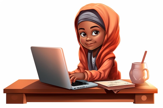 Ilustración de una niña musulmana africana sentada en una mesa revisando sus lecciones su pc blanco