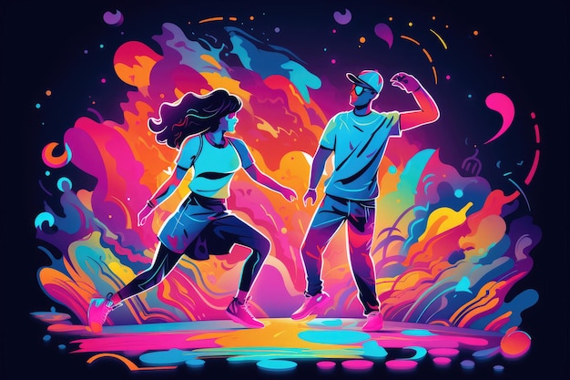 Ilustración de una niña y un niño bailando en una fiesta rave de neón