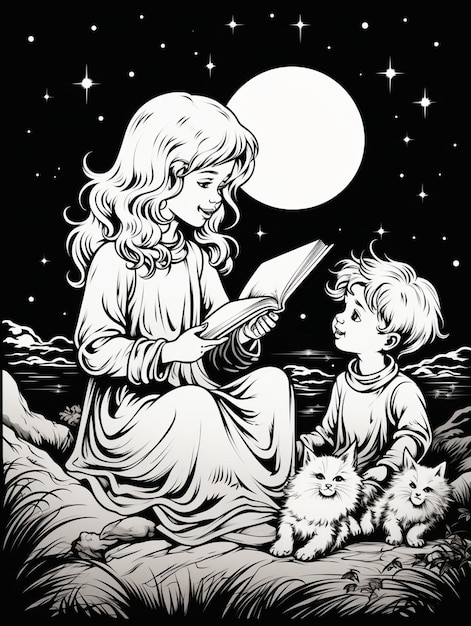 ilustración de una niña y un niño leyendo un libro a la luz de la luna generativ ai