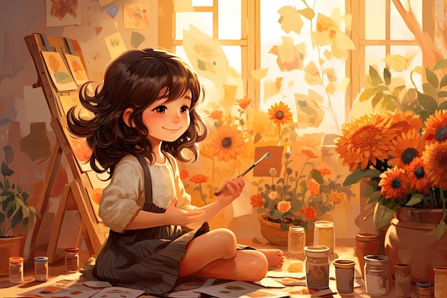 Ilustración de niña con pintura de flores.