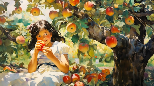 Ilustración de una niña recogiendo manzanas en un jardín Diversión al aire libre para niños Nutrición saludable