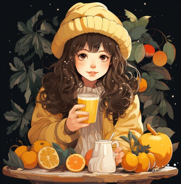 Ilustración Niña con sombrero amarillo bebiendo jugo de naranja