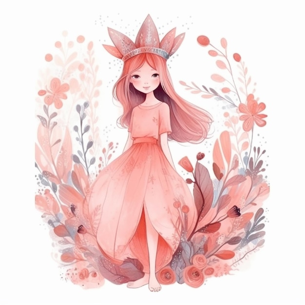 ilustración de una niña con un vestido rosa y una corona rodeada de flores generativas ai