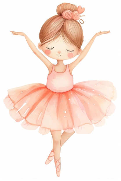 Ilustración de una niña con un vestido rosa está bailando generativo ai