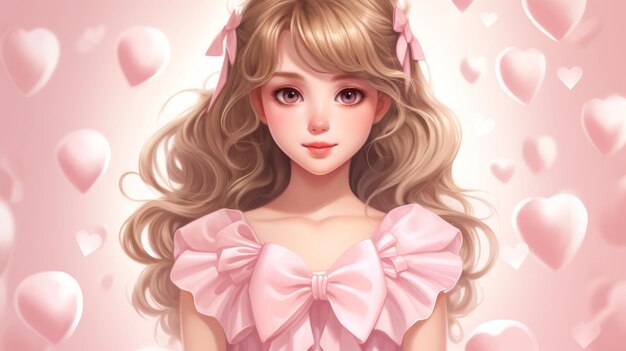 una ilustración de una niña con un vestido rosa rodeada de corazones