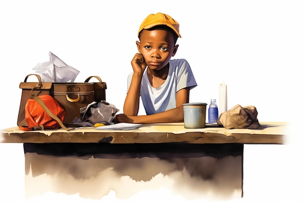 ilustración de un niño africano sentado en una mesa escolar