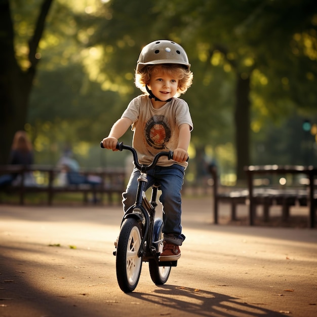 Ilustración de un niño aprendiendo a montar en bicicleta en el parque