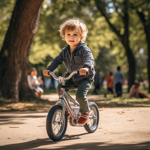 Foto ilustración de un niño aprendiendo a montar en bicicleta en el parque