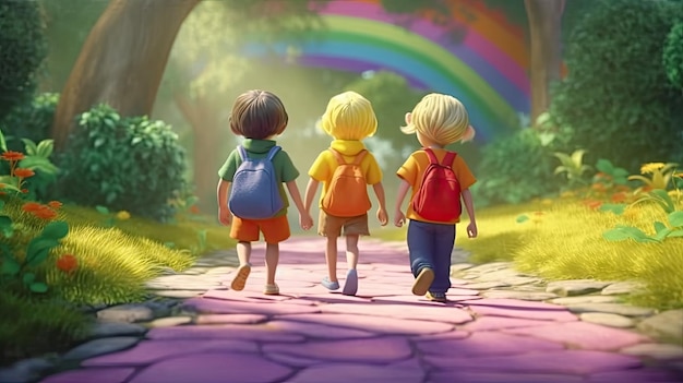 Ilustración de un niño caminando juntos en el bosque dibujos animados