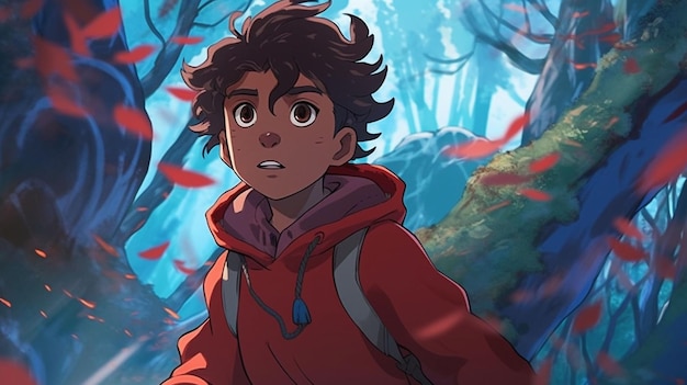 Ilustración de un niño con chaqueta roja en el bosque Generativo Ai