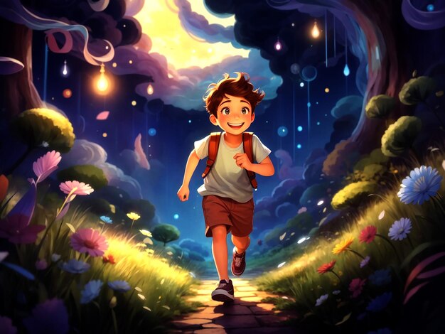 Ilustración niño corriendo en una tierra mágica IA generativa