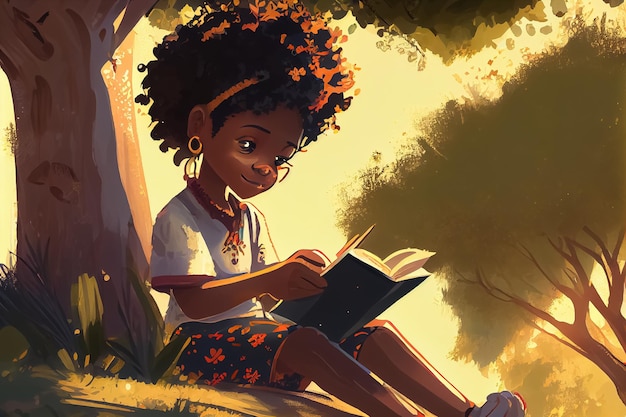Ilustración de un niño curioso con un libro en un bosque mágico en la imaginación de la IA