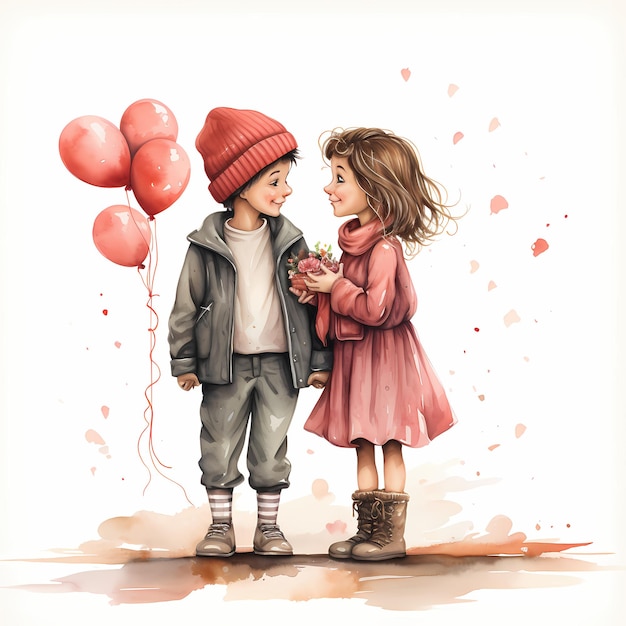 Ilustración de niño en el día de San Valentín clipart de acuarela